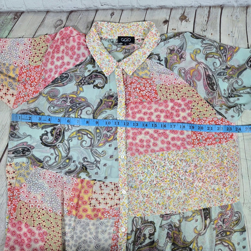 Gigio USA Patchwork Paisley Floral Button Down Sheer Tunic Shirt TC2569 Medium - Picture 7 of 9